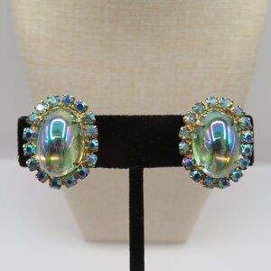 Vintage Clip-on AB Rhinestone Earrings Gold Tone